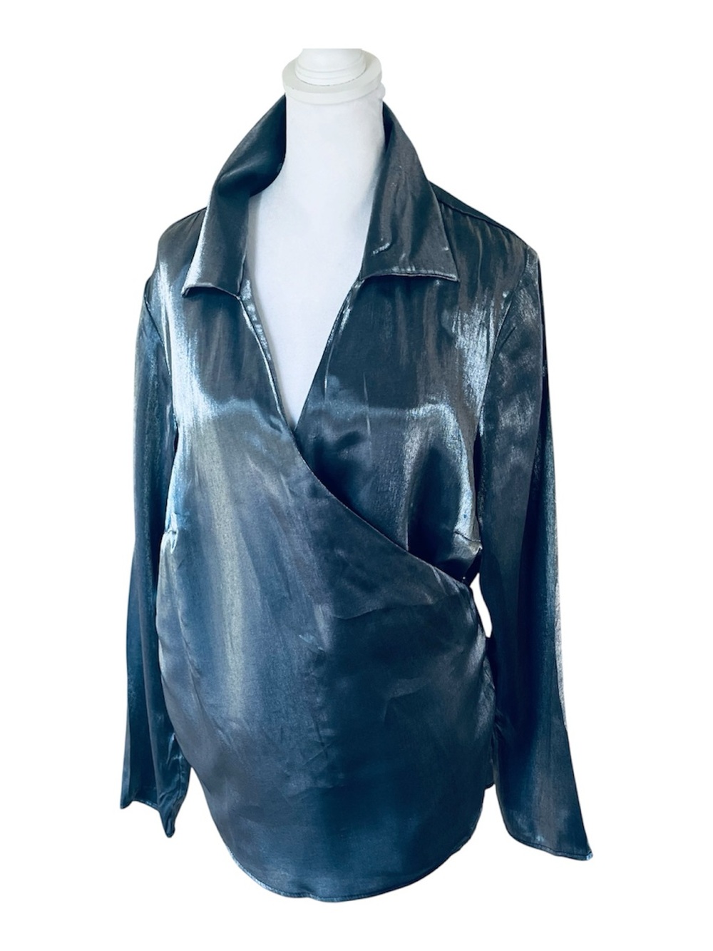 NWOT Lane Bryant Gunmetal Silver Satin Tie Waist Wrap Top S 18-20